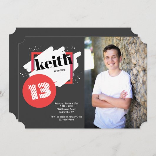 Zwart met rode details horizontale fotouitnodiging kaart (Voorkant / Achterkant)