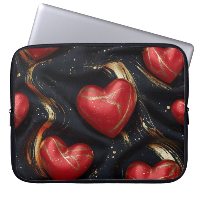 ZWART MET RODE EN GOUDEN VALENTIJN HARTEN LAPTOP SLEEVE (Voorkant)