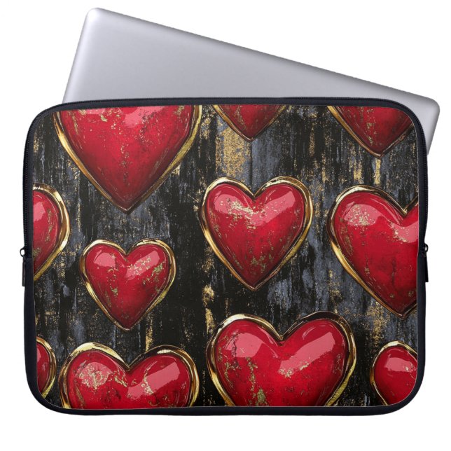 ZWART MET RODE EN GOUDEN VALENTIJN HARTEN LAPTOP SLEEVE (Voorkant)
