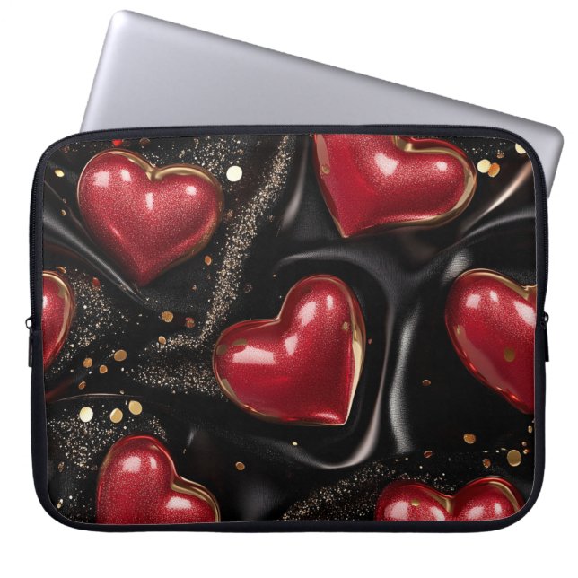 ZWART MET RODE EN GOUDEN VALENTIJN HARTEN LAPTOP SLEEVE (Voorkant)