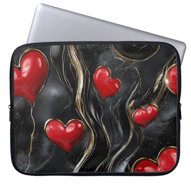 ZWART MET RODE EN GOUDEN VALENTIJN HARTEN LAPTOP SLEEVE (Voorkant)