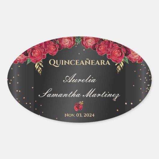 Zwart met rode rozen Quinceañera Calcamonias Ovale Sticker (Voorkant)