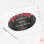 Zwart met rode rozen Quinceañera Calcamonias Ovale Sticker (Envelop)