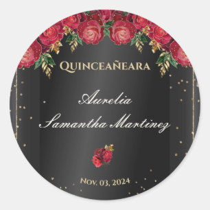 Zwart met rode rozen Quinceañera Calcamonias Ronde Sticker