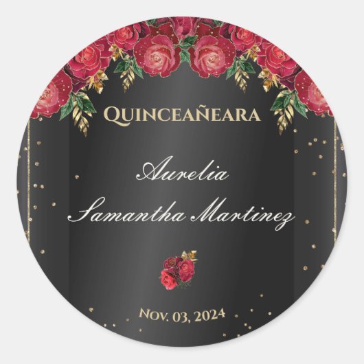 Zwart met rode rozen Quinceañera Calcamonias Ronde Sticker (Voorkant)