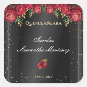Zwart met rode rozen Quinceañera Calcamonias Vierkante Sticker