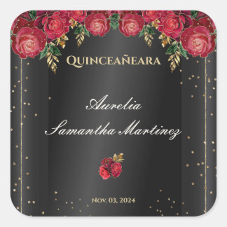 Zwart met rode rozen Quinceañera Calcamonias Vierkante Sticker