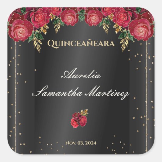 Zwart met rode rozen Quinceañera Calcamonias Vierkante Sticker (Voorkant)