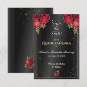 Zwart met rode rozen Quinceañera Save the Date (Voorkant / Achterkant)