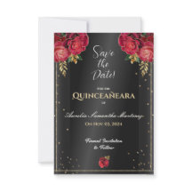 Zwart met rode rozen Quinceañera Save the Date