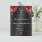 Zwart met rode rozen Quinceañera Save the Date (Staand voorkant)