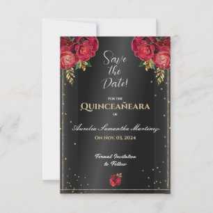 Zwart met rode rozen Quinceañera Save the Date