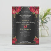 Zwart met Rode Rozen Quinceañera Uitnodigingen (Staand voorkant)