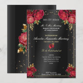 Zwart met Rode Rozen Quinceañera Uitnodigingen (Voorkant / Achterkant)