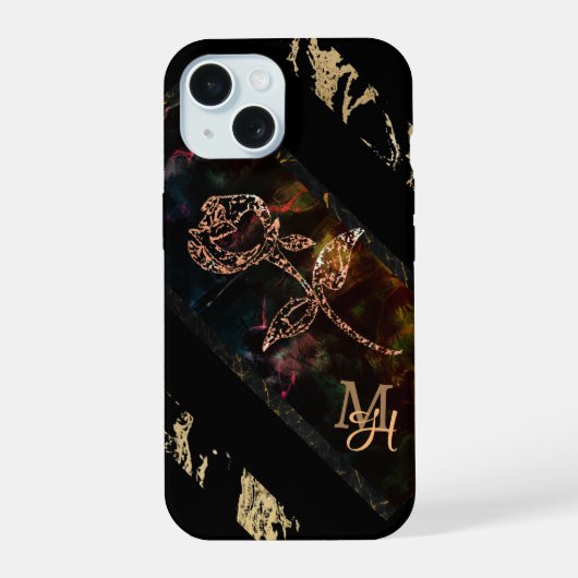 Zwart met Roos Monogram iPhone 15 Case (Achterkant)