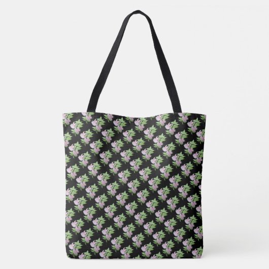 zwart met roze bloemen en bladeren tote bag (Achterkant)