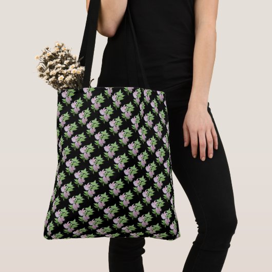 zwart met roze bloemen en bladeren tote bag (Dichtbij)