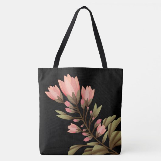 Zwart met roze bloemen tote bag (Voorkant)