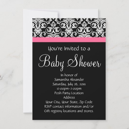Zwart met Roze Damask Baby shower Kaart (Voorkant)