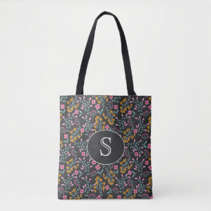 Zwart met roze en gele bloemeno monogram tote bag