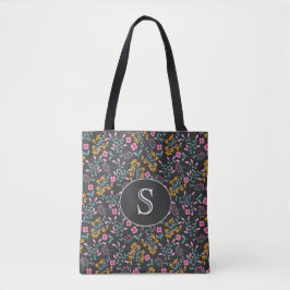 Zwart met Roze en Gele Floral Monogram Tote Bag