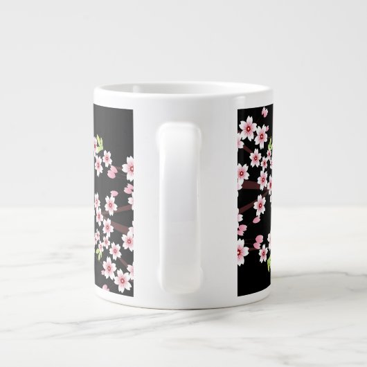 Zwart met roze en groene Cherry Blossom Sakura Grote Koffiekop (Achterkant)