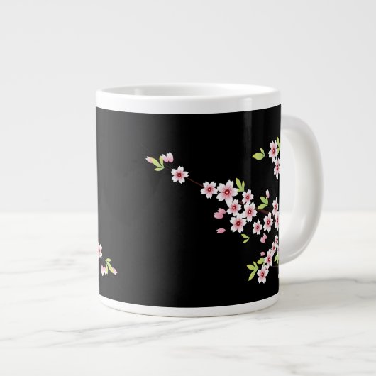 Zwart met roze en groene Cherry Blossom Sakura Grote Koffiekop (Voorkant rechts)