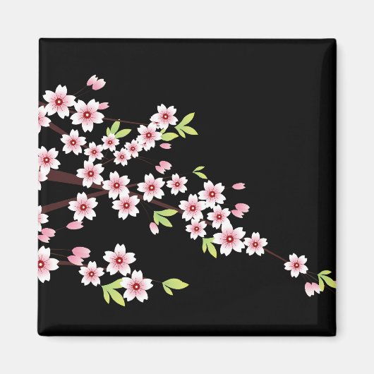 Zwart met roze en groene Cherry Blossom Sakura Magneet (Voorkant)
