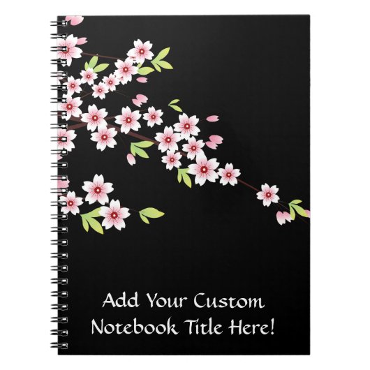 Zwart met roze en groene Cherry Blossom Sakura Notitieboek (Voorkant)