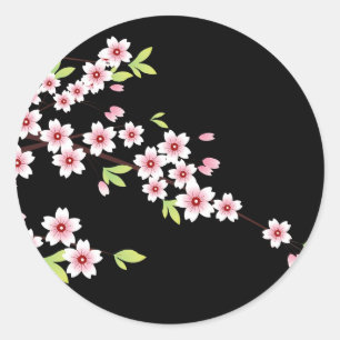 Zwart met roze en groene Cherry Blossom Sakura Ronde Sticker