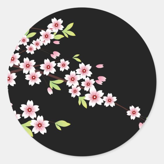 Zwart met roze en groene Cherry Blossom Sakura Ronde Sticker (Voorkant)