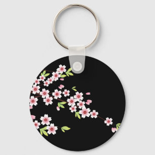 Zwart met roze en groene Cherry Blossom Sakura Sleutelhanger