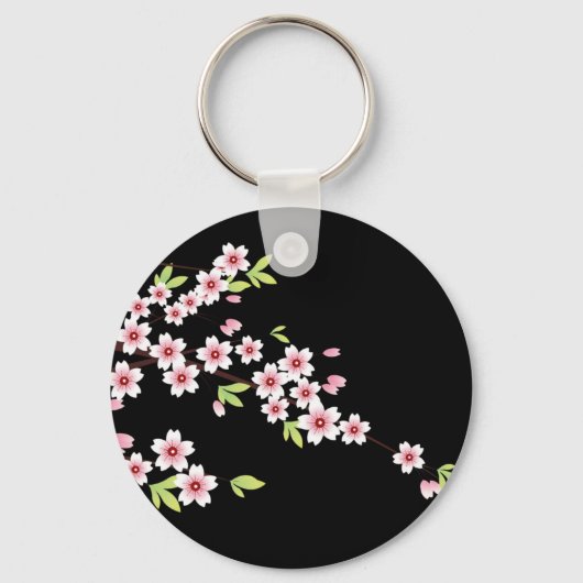 Zwart met roze en groene Cherry Blossom Sakura Sleutelhanger (Voorkant)