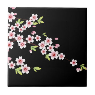 Zwart met roze en groene Cherry Blossom Sakura Tegeltje