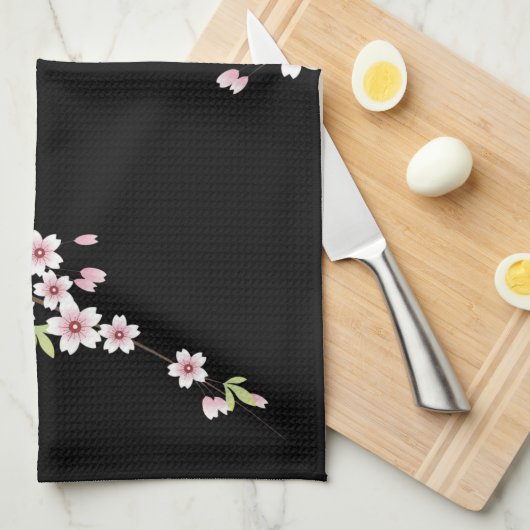 Zwart met roze en groene Cherry Blossom Sakura Theedoek (Quarter Fold)