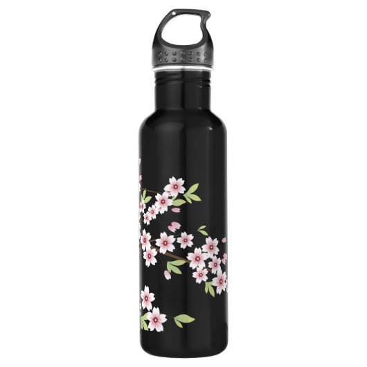 Zwart met roze en groene Cherry Blossom Sakura Waterfles (Voorkant)
