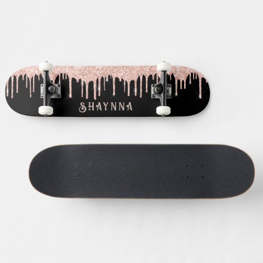 Zwart met roze glitter-schijven op maat persoonlijk skateboard (Horizontaal)