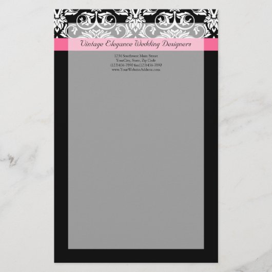 Zwart met Roze Passion Damask Briefpapier (Voorkant)