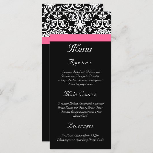 Zwart met Roze Passion Damask Menu (Voorkant / Achterkant)