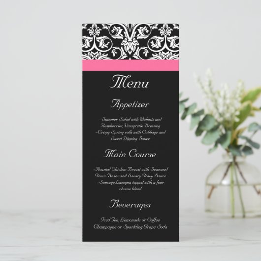 Zwart met Roze Passion Damask Menu (Staand voorkant)