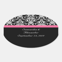 Zwart met Roze Passion Damask Ovale Sticker