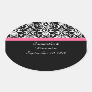 Zwart met Roze Passion Damask Ovale Sticker