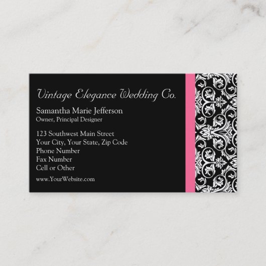 Zwart met Roze Passion Damask Visitekaartje (Voorkant)