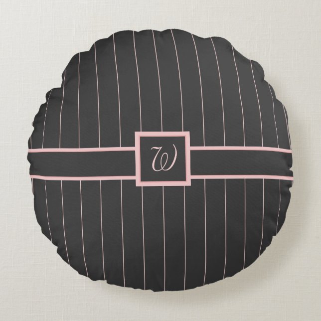 Zwart met Roze Pinstripes Round Pillow Rond Kussen (Voorkant)