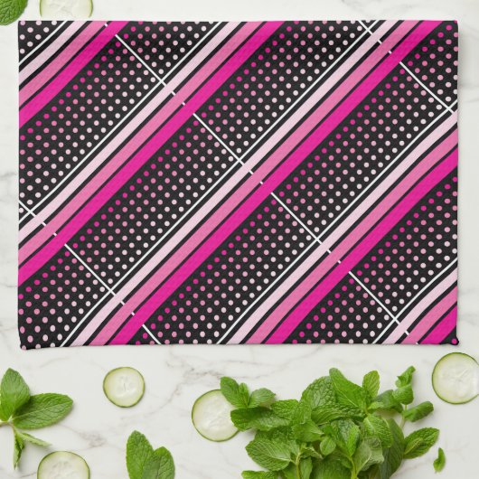 Zwart met roze polka stippen en gestreepte patroon theedoek (Gevouwen)