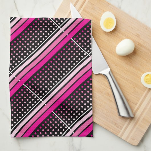 Zwart met roze polka stippen en gestreepte patroon theedoek (Quarter Fold)
