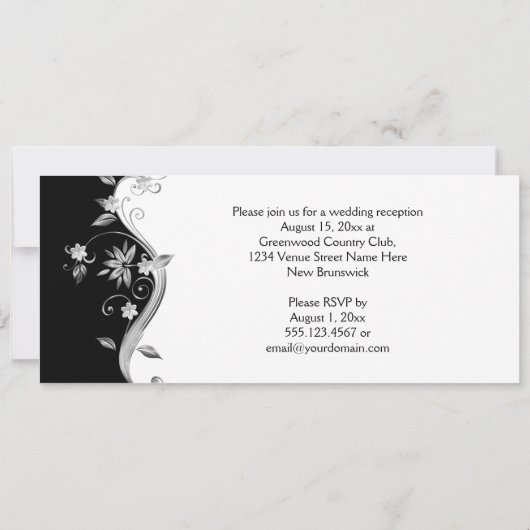 Zwart met Sierlijke Zilveren Bloemen Krullen Ontva Kaart (Achterkant)