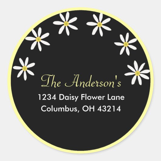 Zwart met White Daisies Adresetiketten Ronde Sticker (Voorkant)