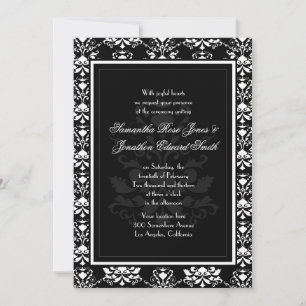 Zwart met White Damask Elegant Wedding Invitation Kaart