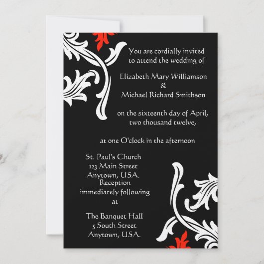 Zwart met White en Red Damask Wedding Kaart (Voorkant)